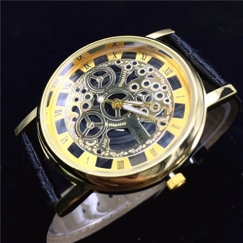 Fashion Double Sided Skeleton Quartz Man Wristwatch Waterproof Leather Strap Mens Watches TIMARCO Watch Men Relogio Masculino