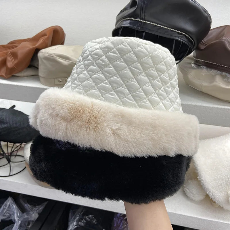 Fashion Outdoor Ski Black White Warm Soft Ladies Winter Thicken Women Checked Plush Faux Fur Velvet Fisherman Bucket Hat