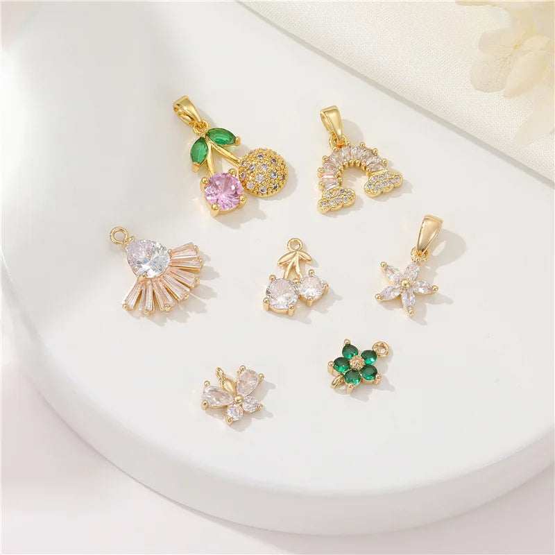 Wholesale Cubic Zircon Cherry Flower Pendant Rainbow Charms DIY Jewelry Necklace Earring Making Jewelry Accessories