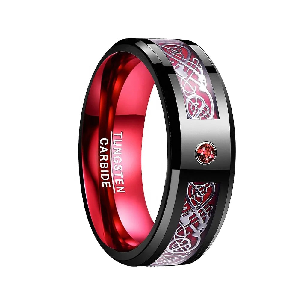 8MM Red Color and Black Plated Customized Single Red Diamond Men's Tungsten Wedding Band