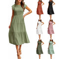 2025 Women Boho Solid Puff Flying Sleeve Crew Neck Dress High Waist Smocked Ruffle Dress Flowy Pleated Hem Midi Dress