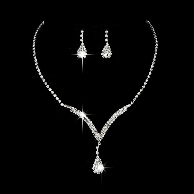 Luxury Shiny CZ Zircon Crystal Rhinestone Diamond Earring Necklace Sets Banquet Bridal Wedding Silver Plated Alloy Engagement