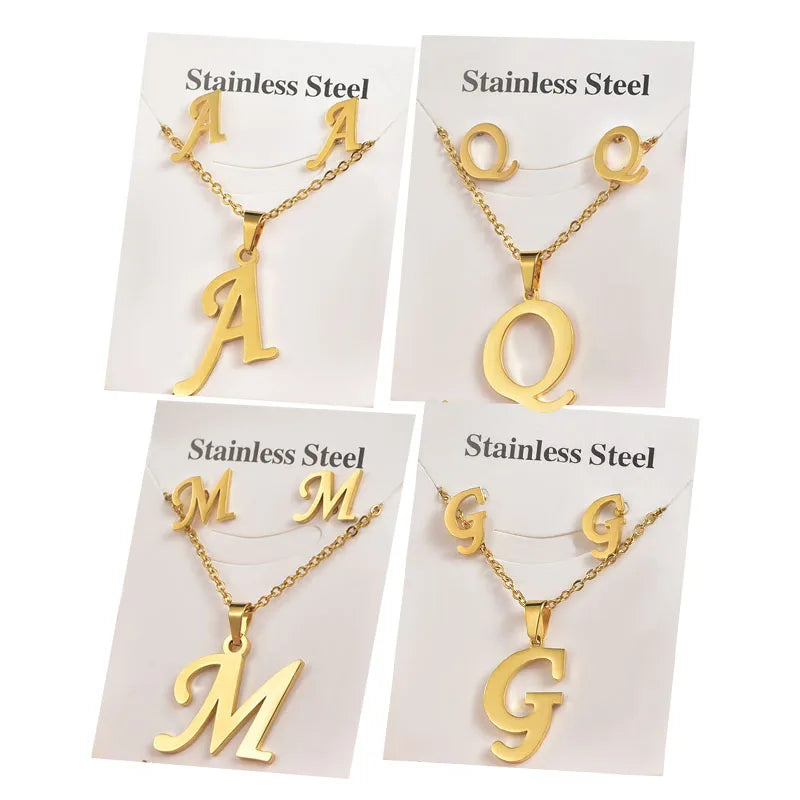 Golden Titanium Steel Monogram Studs Earrings  Men Women Stainless Steel Non-fading Letter Necklaces Jewelry Set