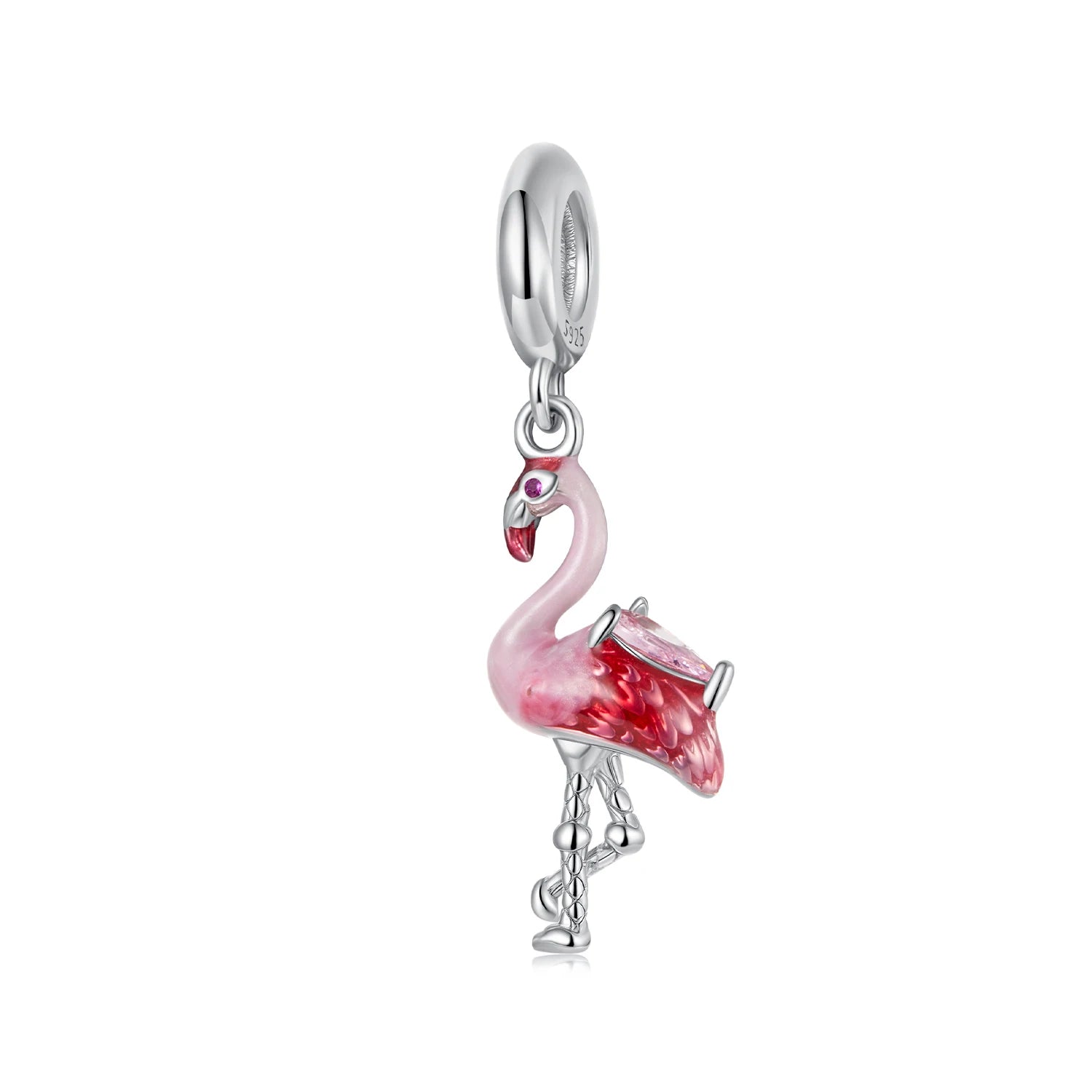 925 Sterling Silver Sparkling Flamingo Pendant Fine Jewelry Shining Red Pink Bird Charm Bead for Bracelet Necklace