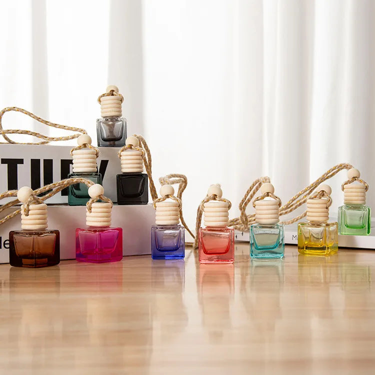 Wholesale 8ml 10ml Colorful Square Glass Car Air Freshener Perfume Bottle Customizable Cork Sealed Diffuser Bottle Box