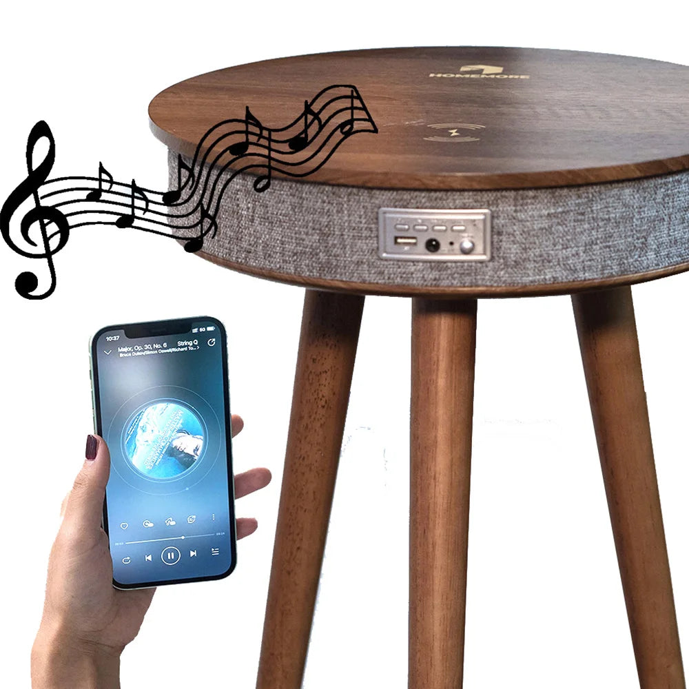 Nordic Modern Portable Round Wooden Panel Stand Smart Side Coffee Table with BT Speaker USB Charging Port and Wireless Charger