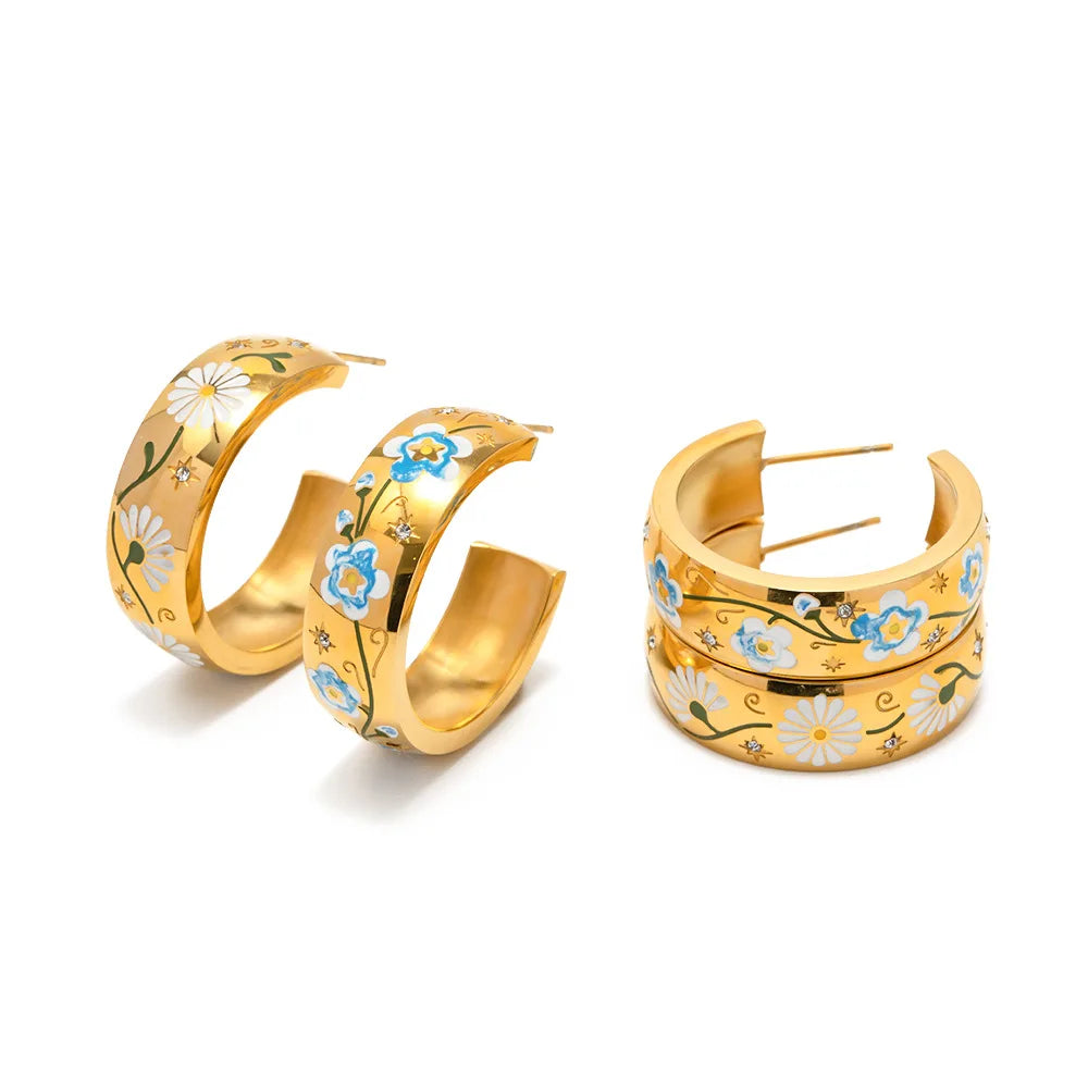 Newest Bohemian Jewelry Handmade Enamel Flower Earrings for Women Waterproof Gold Plated Stainless Steel Hoop Earrings