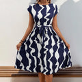 Women Summer Fashion Dress Socialite Temperament Short Sleeve Vintage Print Lace-up Lady Elegant Midi A-line Casual Dress