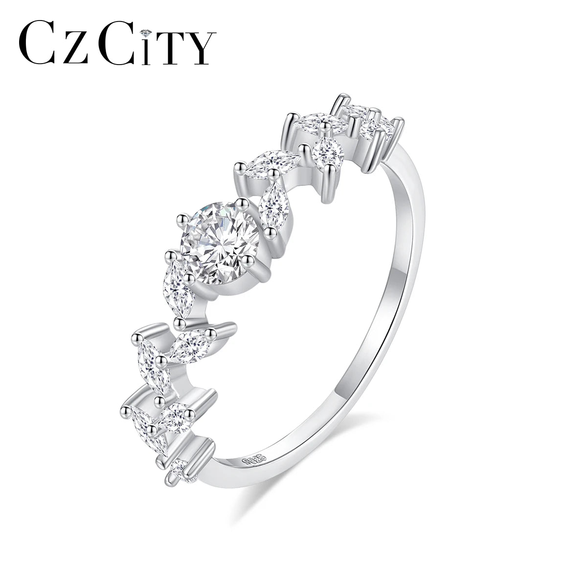 CZCITY Flower Silver 925 Sterling Fashion Zircon Promise Finger Wedding for Woman Eternity Ring