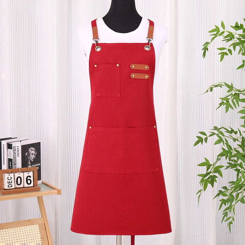 Unisex Comfortable Adjustable Chef Work Aprons Heavy Duty Cross Back Red Polyester Cotton Apron With Large Pockets