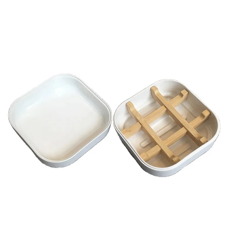 NO PLASTIC China Wholesale Cheap Biodegradable Kitchen Soap Dish Tray Bamboo Self Draining White square Travel bar Holder Box