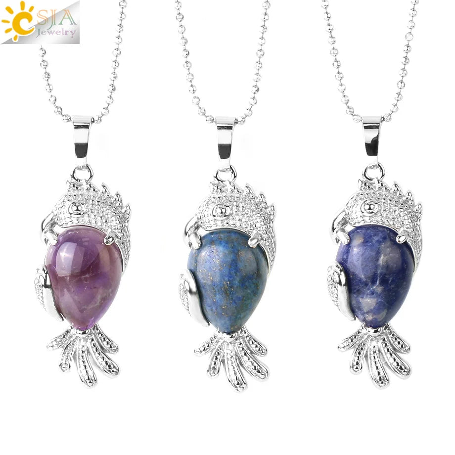 CSJA Wholesale Natural Stone Parrot Shaped Quartz Healing Crystal Pendants Jewelry Cute Animal Women Necklaces G951