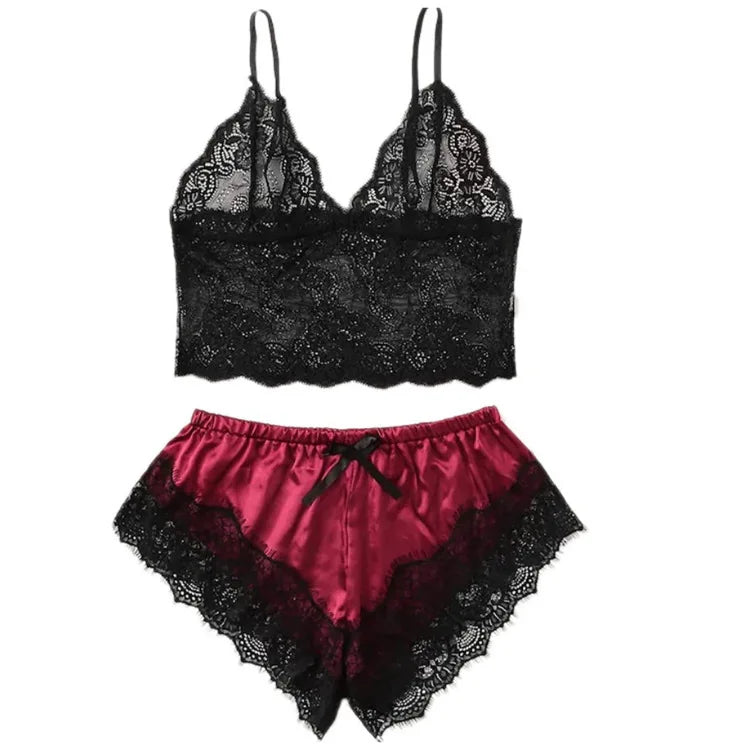 Best Selling 2 Pcs Sets Lace Silk Short Sleepwear Satin Pajamas for Women