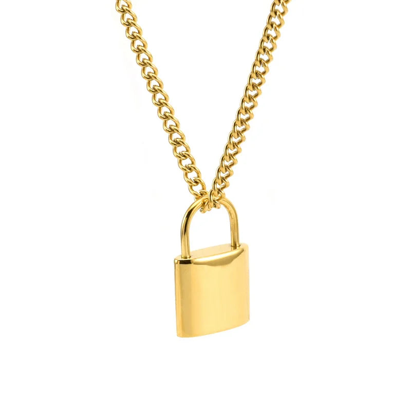 YF6237 Stainless Steel 18k Gold Plated Hip Hop Lock Pendant Couple Necklace Hypoallergenic