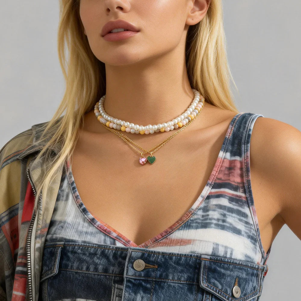 SHIXIN Elegant Colorful Pearl Beaded Necklace Pink Crystal Rhinestone Heart Necklace Trendy Necklace Jewelry Set for Women