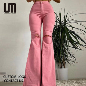 Liu Ming Hot Selling 2024 New Products Women Casual Butt Lifting Ripped Edge Flared High Waisted Jeans Denim Trousers