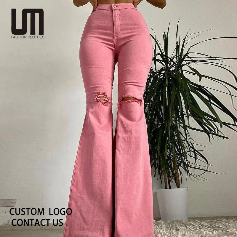 Liu Ming Hot Selling 2024 New Products Women Casual Butt Lifting Ripped Edge Flared High Waisted Jeans Denim Trousers