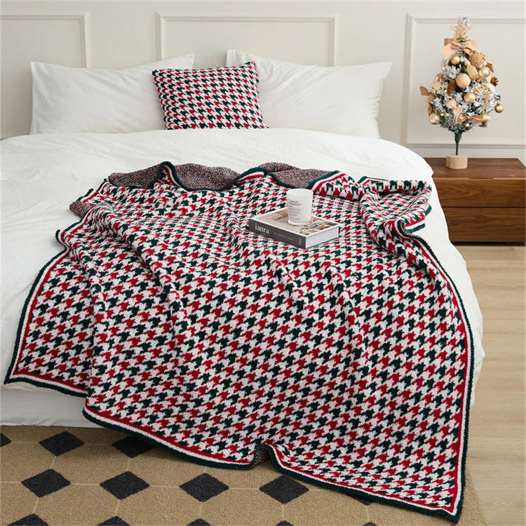 SDQNG Christmas Soft Houndstooth Jacquard Microfiber Knitted Throw Blanket Winter Customized