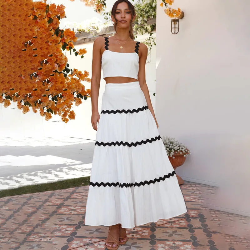 Enyami New Summer Feminine Sweet Romantic Waves Line Vest Tank Top Women Loose A-Line Skirts Leisure Co Ord 2 Piece Set