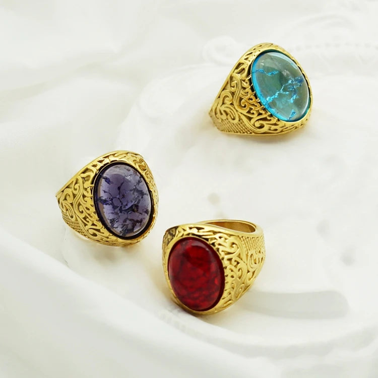 Vintage Flat Top Pattern Finger Rings 18k Gold Plated Stainless Steel Multi Color Oval Rhinestone Fashion Fine Jewelry for Men