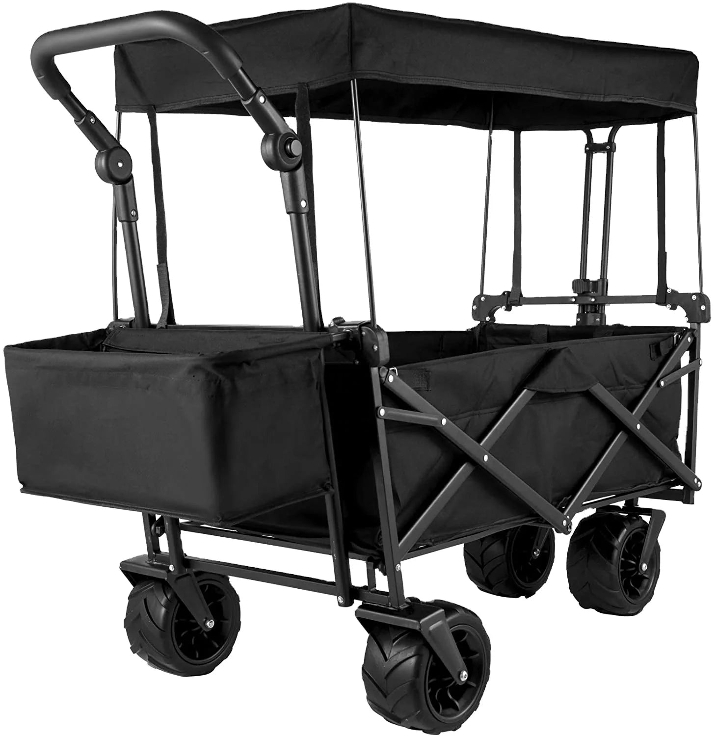 Collapsible 4-Wheel Garden Beach Wagon Cart with Canopy Outdoor Utility Folding Camping Trolley for Hiking & Travel