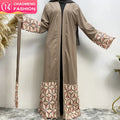 1765# Luxury Floral Applique Front Open Abaya Islamic Dubai Long Sleeve Cardigan with Matching Belt 2 Colors