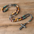 8mm Natural Stone Moukaite Catholic Christ Rosary Necklaces Meditation Jewelry Cross Pendant Men Necklace