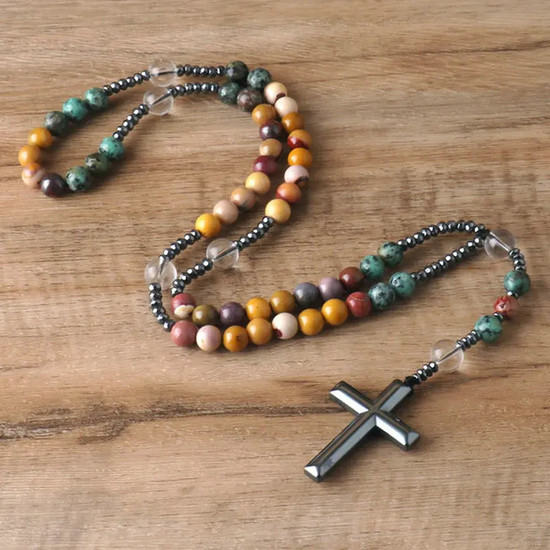 8mm Natural Stone Moukaite Catholic Christ Rosary Necklaces Meditation Jewelry Cross Pendant Men Necklace