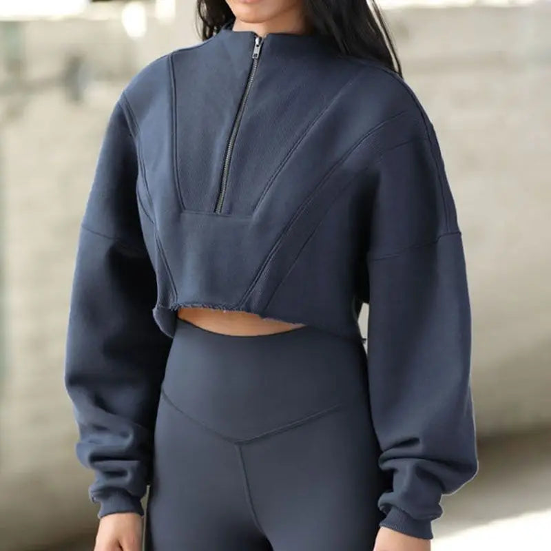 L230575 Factory Fashionable Custom Design Women Fleece Sport Zip up Crop Sweatshirt Dropped Shoulder Hoodie Sweatshirt for Women