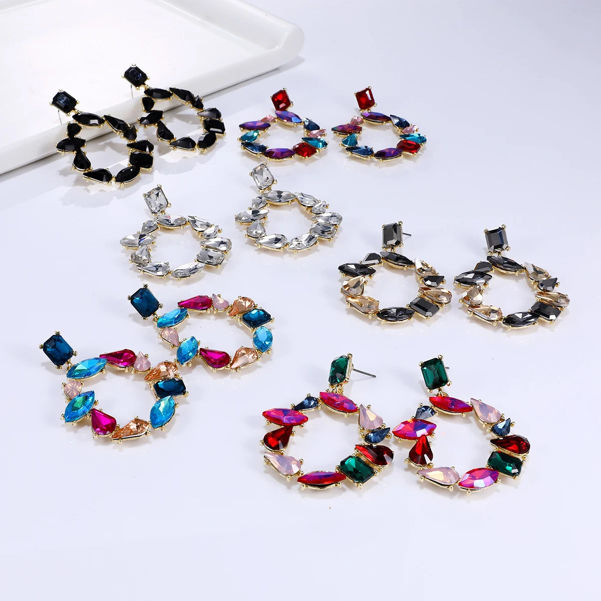 2023 Hot Sale Fashion Statement Hoop Earrings Colorful Geometric Rhinestone Crystal Stud Earrings Women