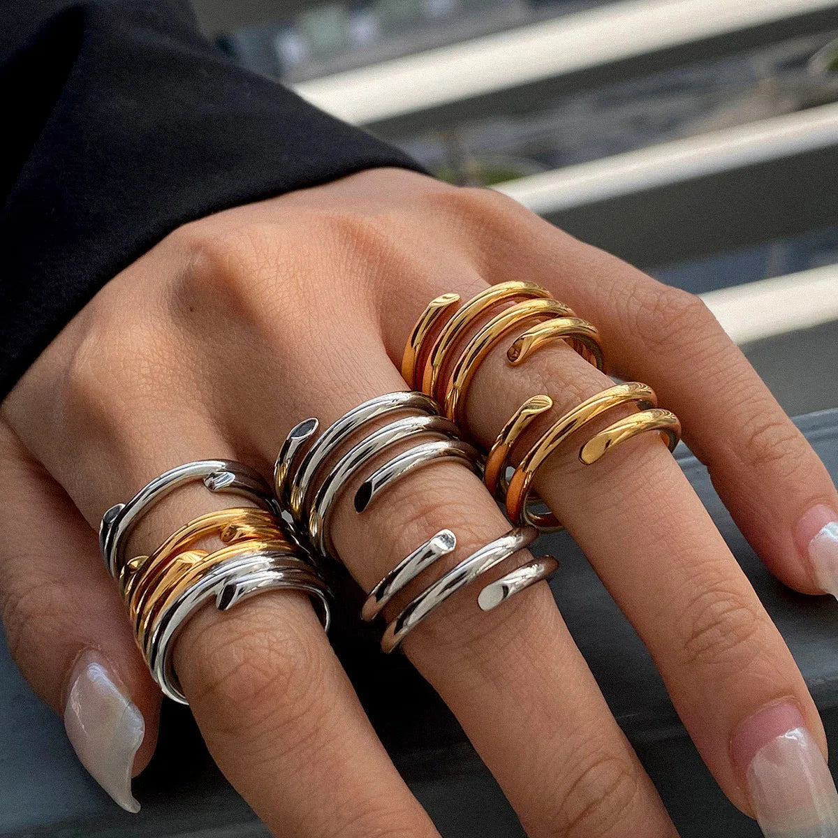 G3845 Wholesale Stainless Steel 18k PVD Gold Plated Stacking Rings Waterproof Hypoallergenic Non Tarnish Multiple Layers Ring