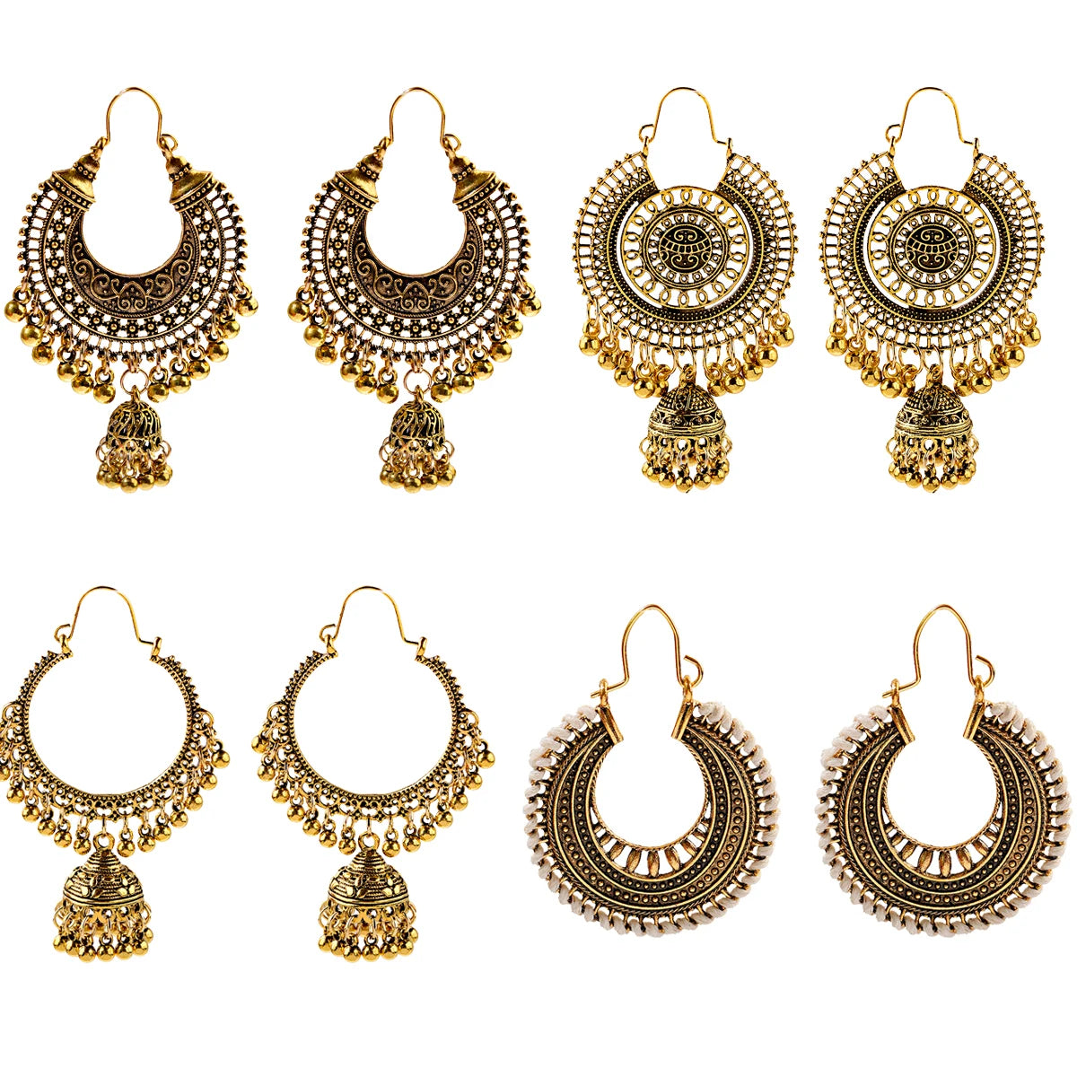 Douvei Bohemian Hollow Carved Indian Women 14K Gold Plated Drop Bead Bell Hoop Earrings Costume Crescent 4 Pcs / Set Anniversary