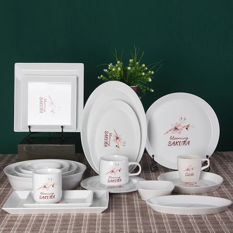 Eco-Friendly Porcelain Round Japanese-Style Dinnerware Set Ceramic Dishes Sushi Bowl Mug Pot-Food Grade Back School Minimalist