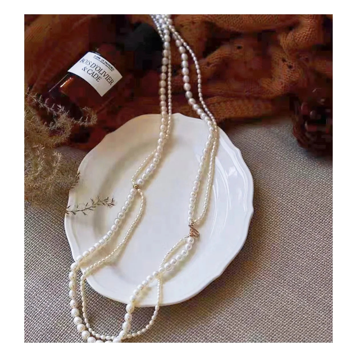 Luxury 925 Silver Gold Plated Link Chain Necklace 7-8mm White AA Grade Freshwater Rice Shape Pearl Multilayer Unisex Jewelry