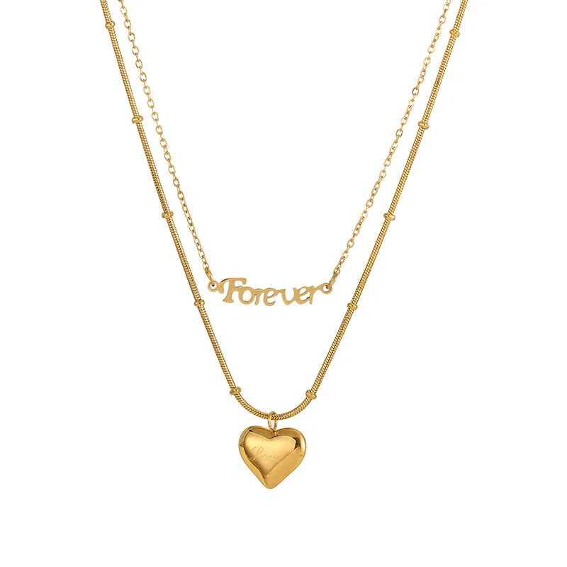 Minimalist Stainless Steel Gold Plated Non-Tarnish Double Layer Forever Love Heart Pendant Necklace for Women Gift