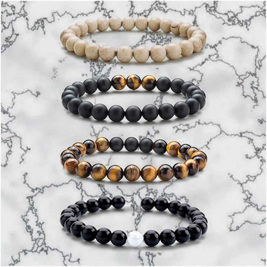 Trendy 8mm Matte Black Brown Tiger Eye Natural Stone Bead Bracelets Onyx Howlite Ball Shape White Black Tiger Eye Beaded