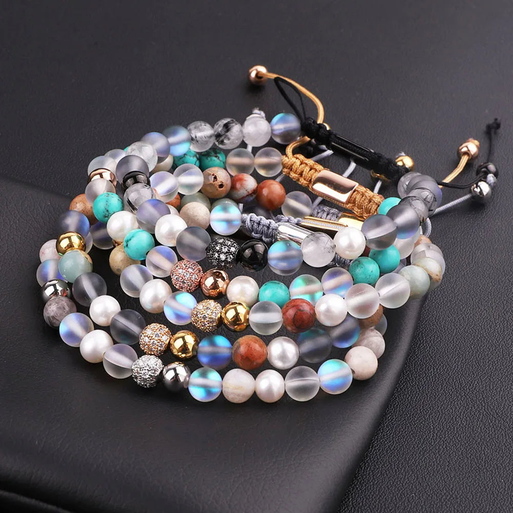 New Design Semi-precious Stone Natural Gemstone Pearl Beads CZ Pave Disc Ball Custom Logo Macrame Friendship Bracelet Girls