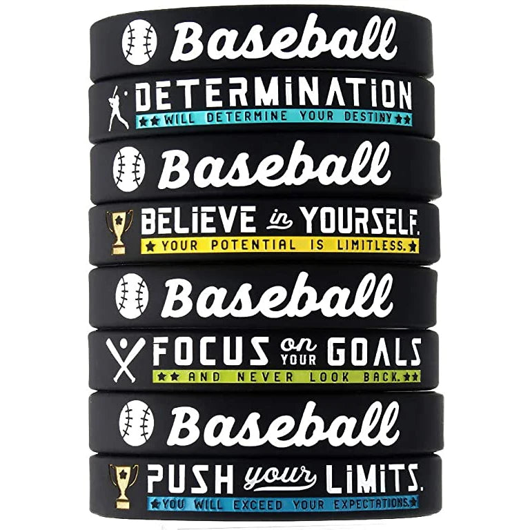 (12-Pack) Custom Promotional Baseball Silicone Wristbands with Motivational Sports Quotes-Unisex OEM/ODM Available