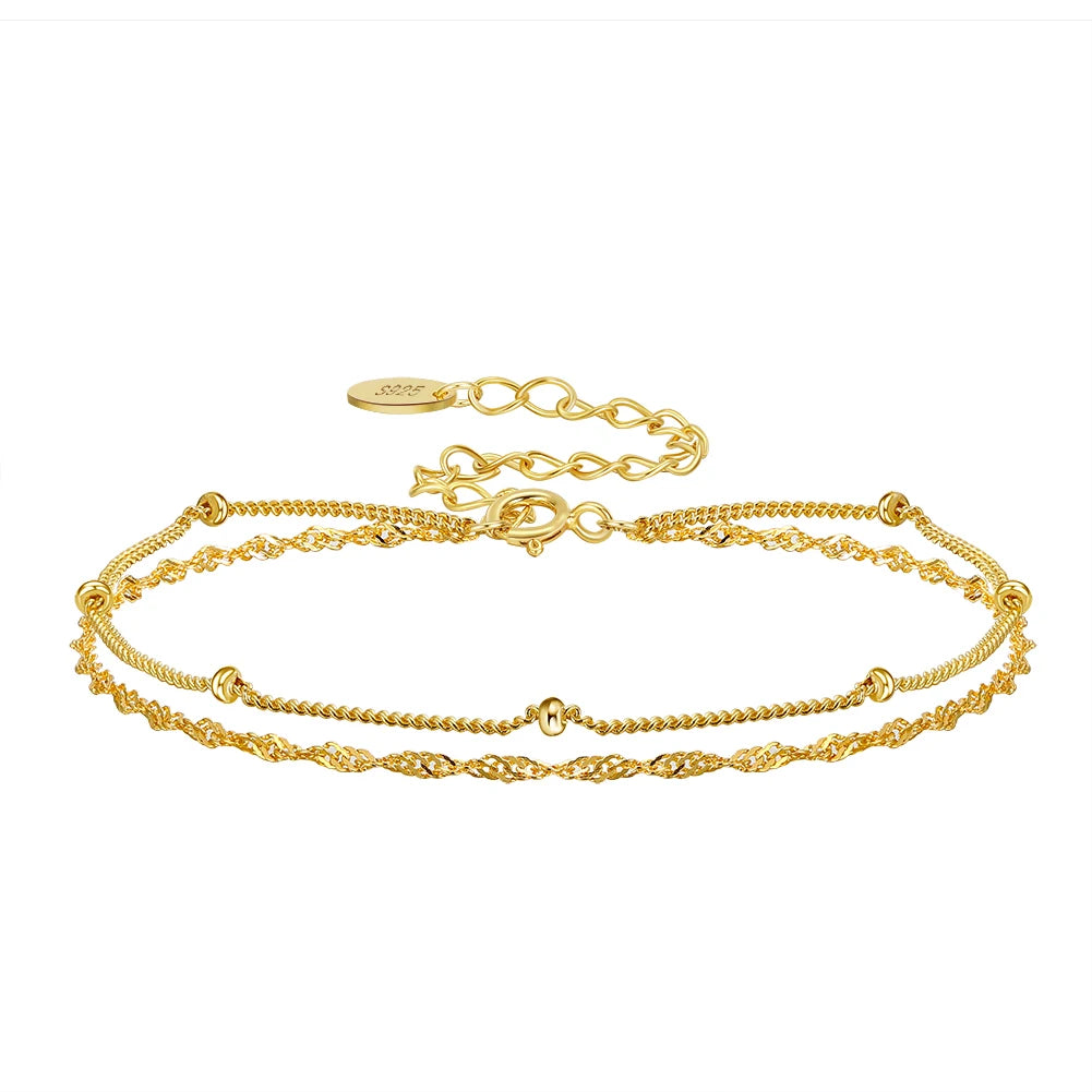 SB131 RINNTIN Handmade Dainty Double Layer Bracelet Silver 14K Gold Plated Water Ware with Satellite Chain Adjustable Bracelet