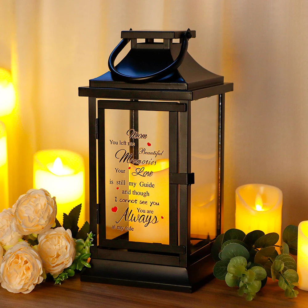 Black Metal Lantern with Hanging Top Memorial Lantern Decorative With Flickering LED Candle