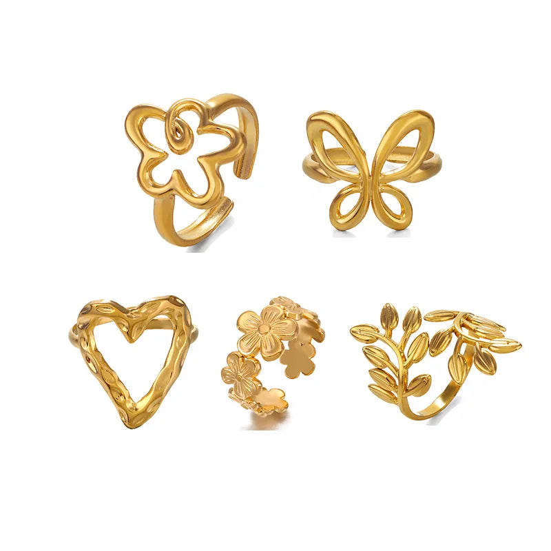 Wholesale Custom Women Inoxidable Jewelry PVD 18k Gold Plated Stainless Steel Waterproof Flower Leaf Finger Ring for Women