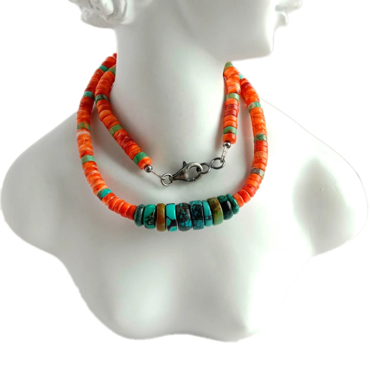 Natural Turquoise and rondelle spiny oyster 925 Sterling Silver gemstone beads Necklace