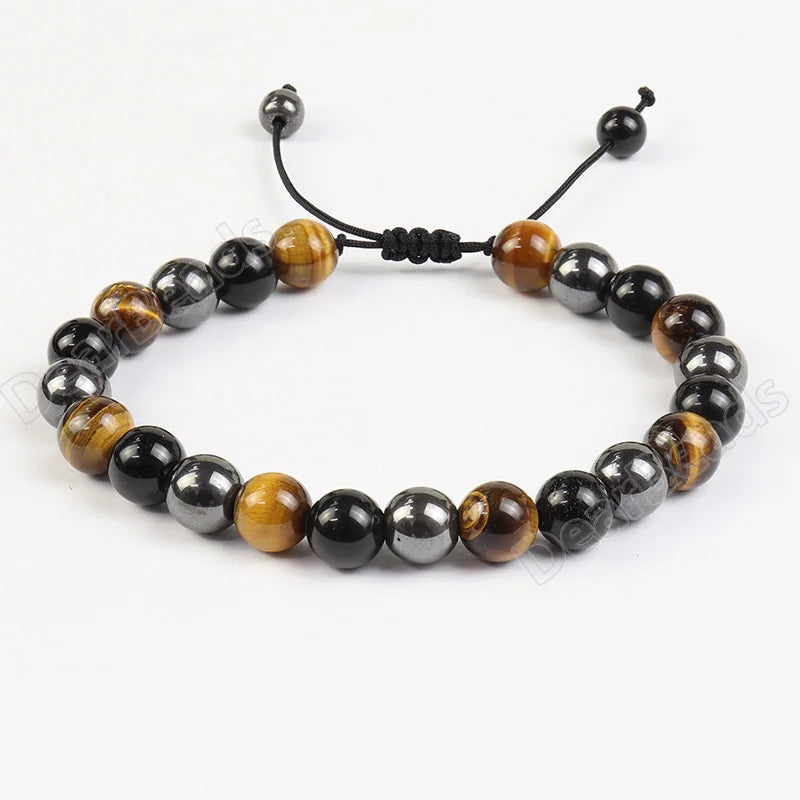 Natural Healing Adjustable Triple Protection Bracelet Hematite Tiger Eye Black Obsidian Gemstoe Crystal Bracelets for Men Women