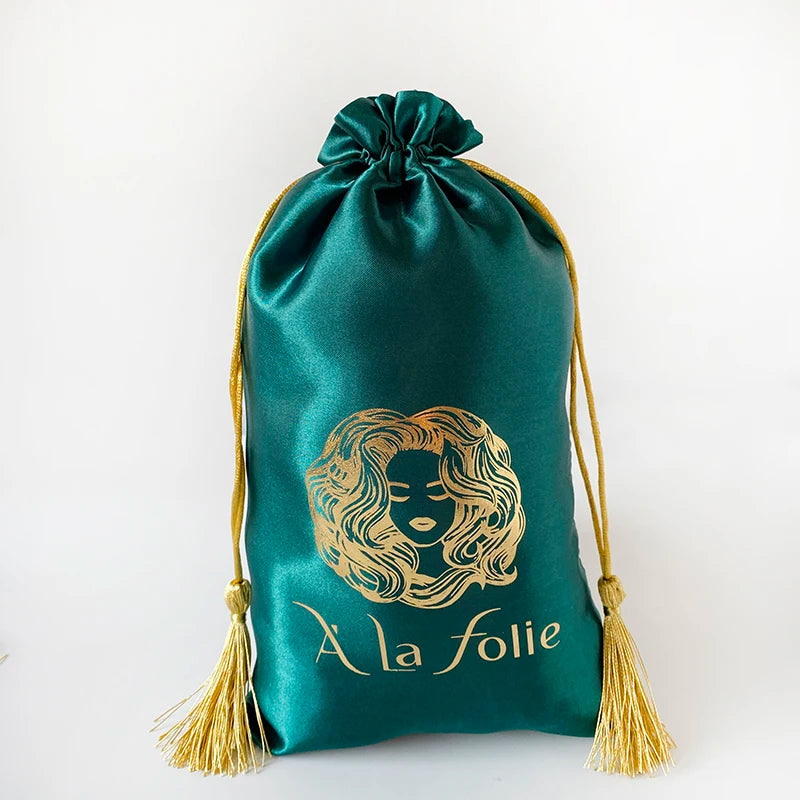 Custom Logo 8x12inch Green Silk Wigs Gift Pouches Drawstring Satin Hair Packaging Bags With Tassels