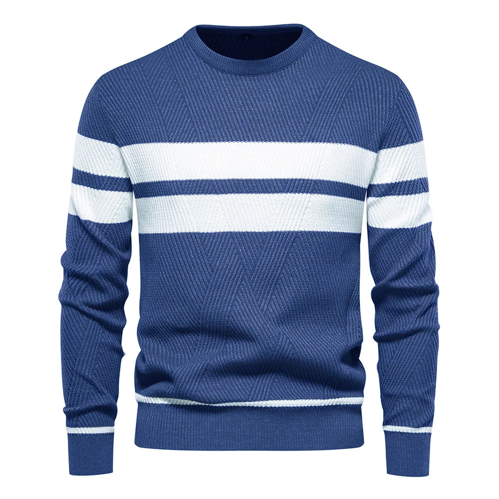 Spot Goods EU Size Winter Pullovers Heavyweight Sweater Casual Men Pullover Sweater Striped Patchwork Color Crew Neck Pullovers