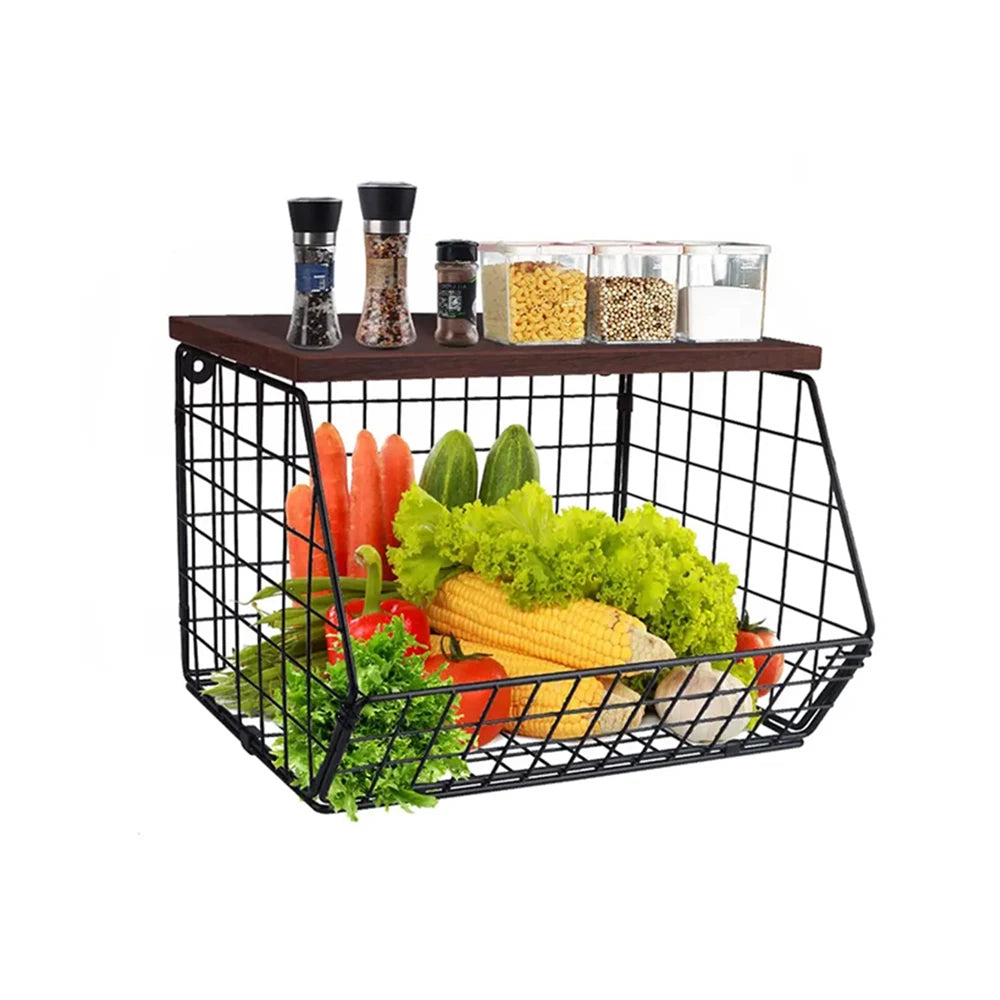 Multifunctional Durable Metal Stacking Sundries Basket Fruit Vegetable Pantry Storage Basket Snack Storage Shelf With Wooden Lid