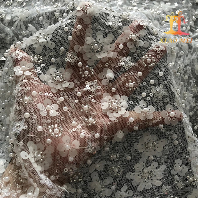 New Style Eco-Friendly Mesh Beaded Embroidery Bridal Lace Fabrics XM-BF0696