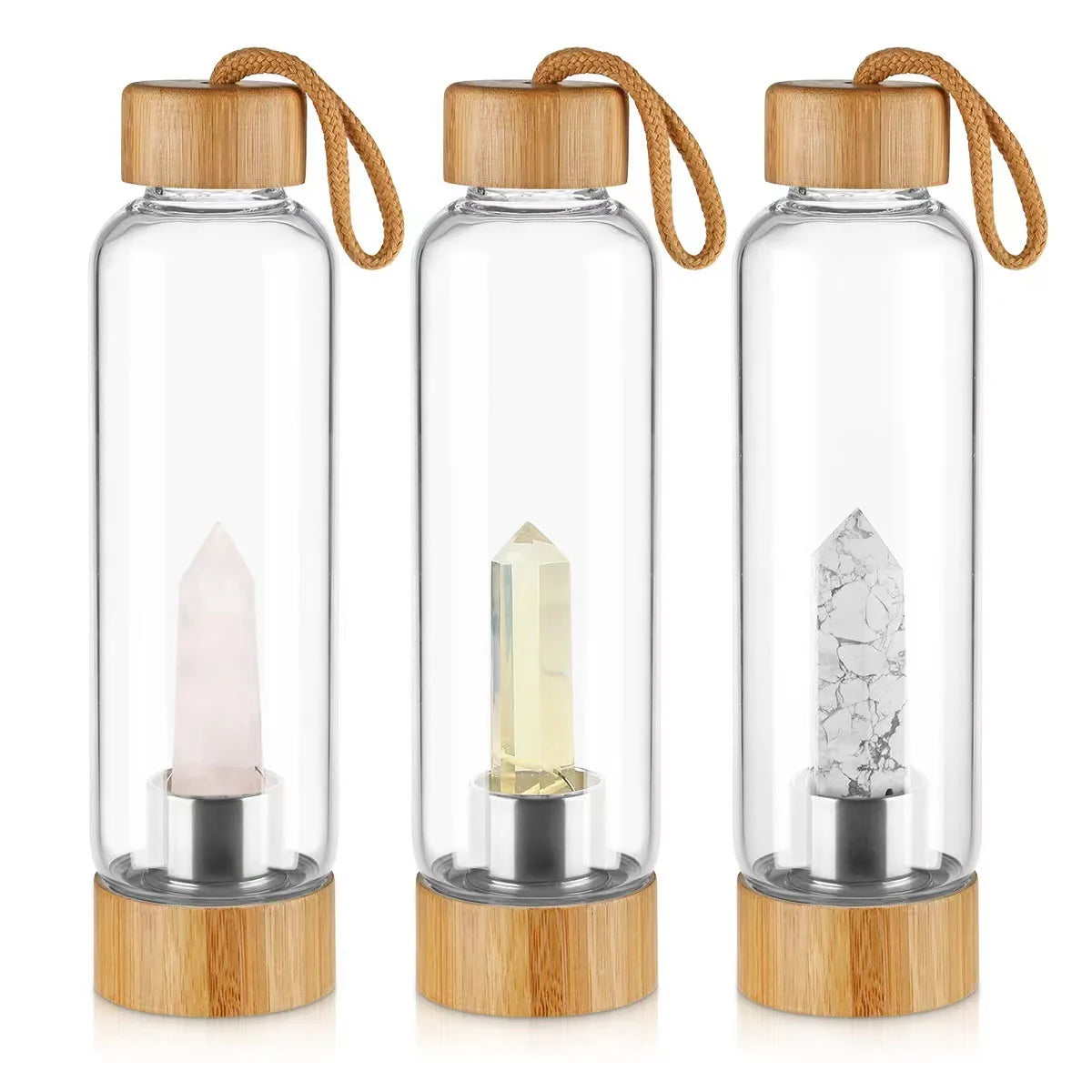 FX Water Bottle Wholesale Natural Crystal Energy Water Bottle Infused Gemstone Glass Bamboo Crystal Bottle Custom Logo Packaging