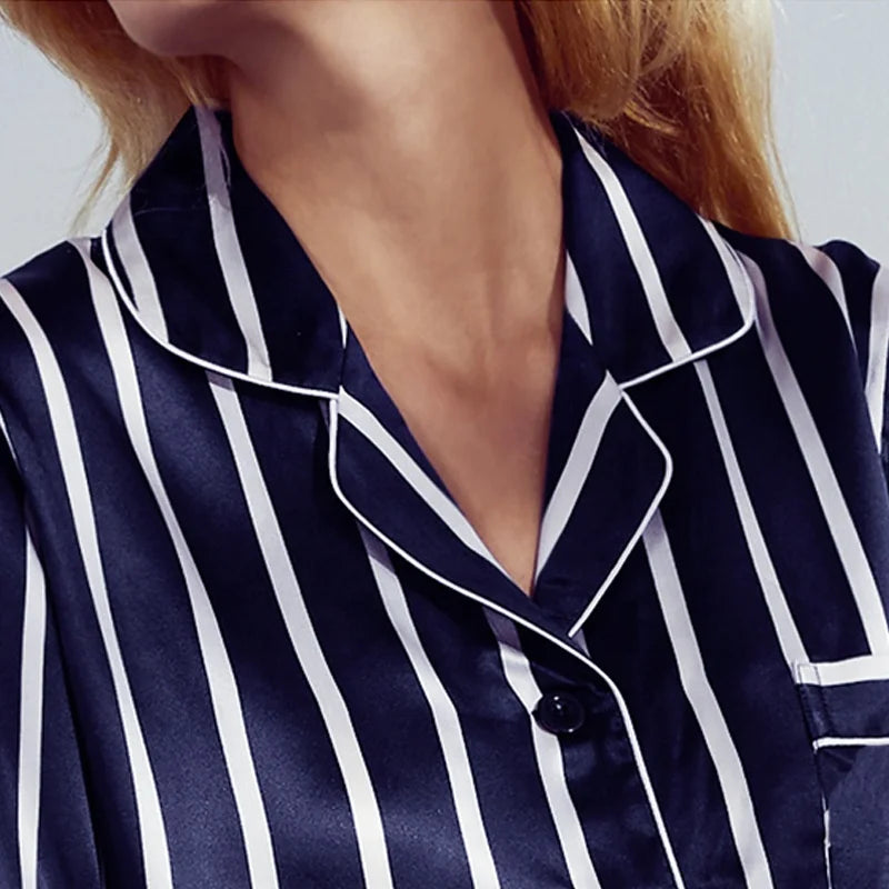 16momme Pure Silk Pyjamas Set With Stripe Printing Long Sleeve