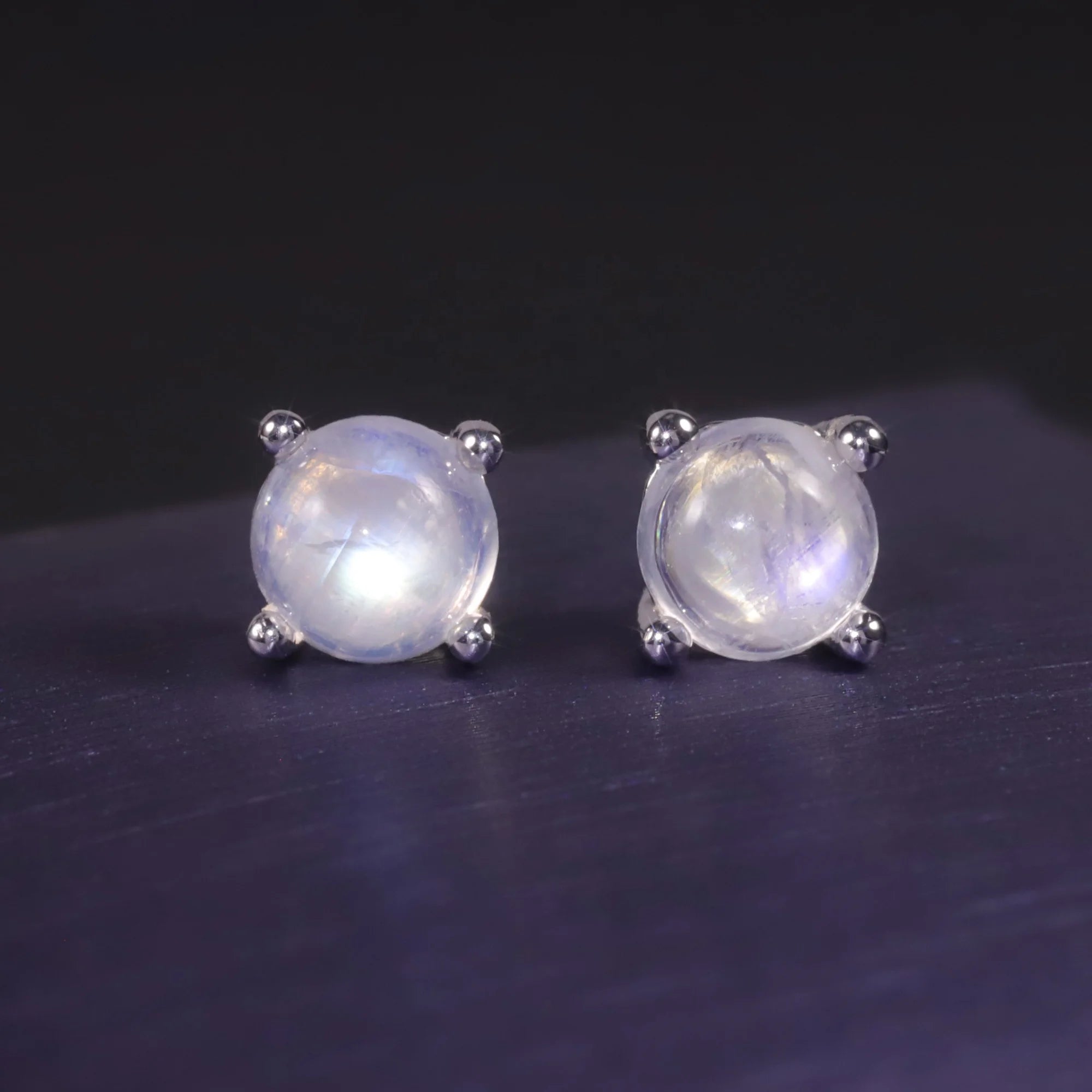 S90A Abiding Custom Milimalist 4 Prong Round 5MM Solitaire Moonstone Gemstone 925 Sterling Silver Stud Earrings
